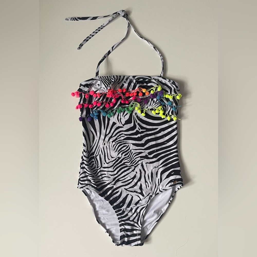 Pilyq Girls’ Zebra-Print, African Rays, Pom Pom Ruffle Swimsuit